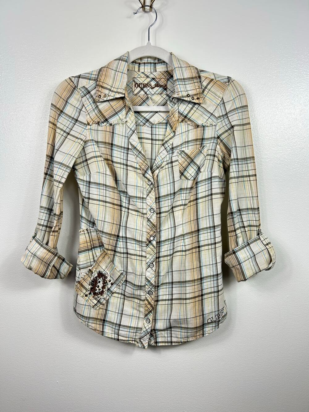 Vintage Guess Jeans Plaid Pearl Snap Button Front Blouse Rhinestone Western XS